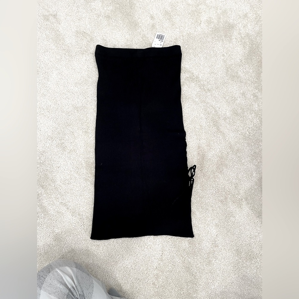 Black Calf Length Skirt with Stretchable Material and Tie Strings on one Side